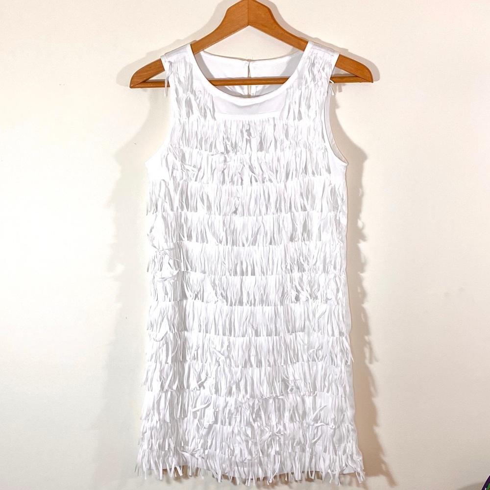 Nicole Miller White Fringe Front Sleeveless Dress